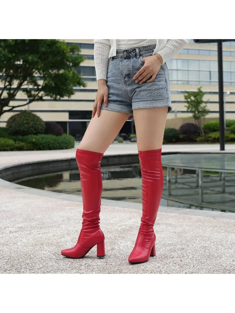 Women's Red Comfort Thigh High Pointy-toe and High-Heel Over The Knee Boots